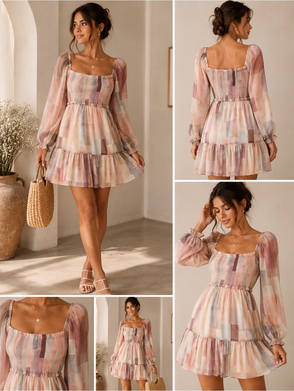 Wilfred Aritzia Watercolor Smocked Mini Dress Sheer Puff Sleeves Medium